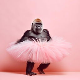 Elegant gorilla gracefully posing in a pastel pink tutu against a soft background, showcasing gentle eyes and a whimsical charm.