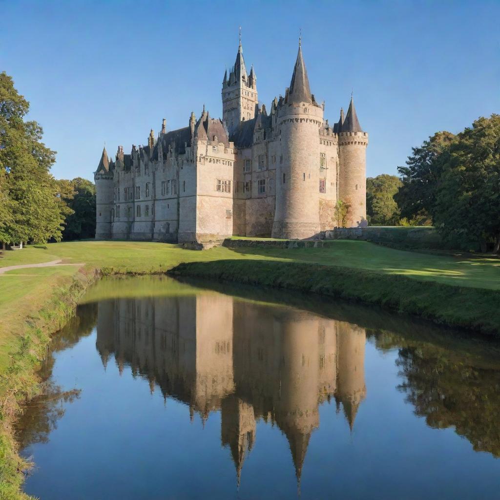 A majestic and ancient castle towering over a serene landscape with grand spires, immense stone walls, and a moat under a clear blue sky.