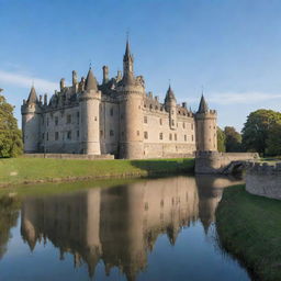 A majestic and ancient castle towering over a serene landscape with grand spires, immense stone walls, and a moat under a clear blue sky.