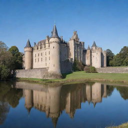 A majestic and ancient castle towering over a serene landscape with grand spires, immense stone walls, and a moat under a clear blue sky.