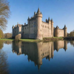 A majestic and ancient castle towering over a serene landscape with grand spires, immense stone walls, and a moat under a clear blue sky.