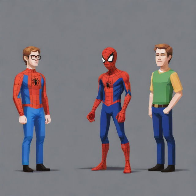 Generate a pixel art image representing Simon Henriksson, James Sunderland, Harry Mason, Link, and Spiderman engaged in conversation.