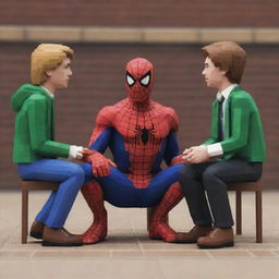 Generate a pixel art image representing Simon Henriksson, James Sunderland, Harry Mason, Link, and Spiderman engaged in conversation.