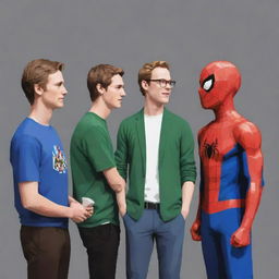 Generate a pixel art image representing Simon Henriksson, James Sunderland, Harry Mason, Link, and Spiderman engaged in conversation.