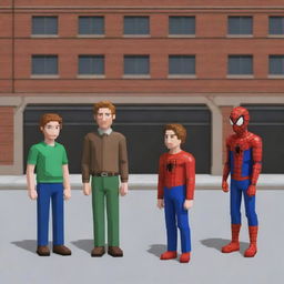 Generate a pixel art image representing Simon Henriksson, James Sunderland, Harry Mason, Link, and Spiderman engaged in conversation.