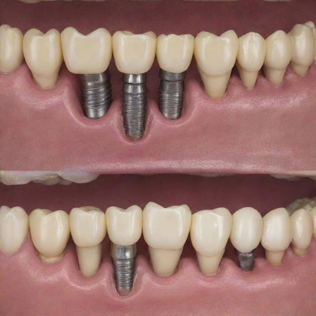 Sequence showing detailed steps of dental implant placement, from tooth extraction to abutment placement on healed jawbone, in a clinical dental environment with professional tools