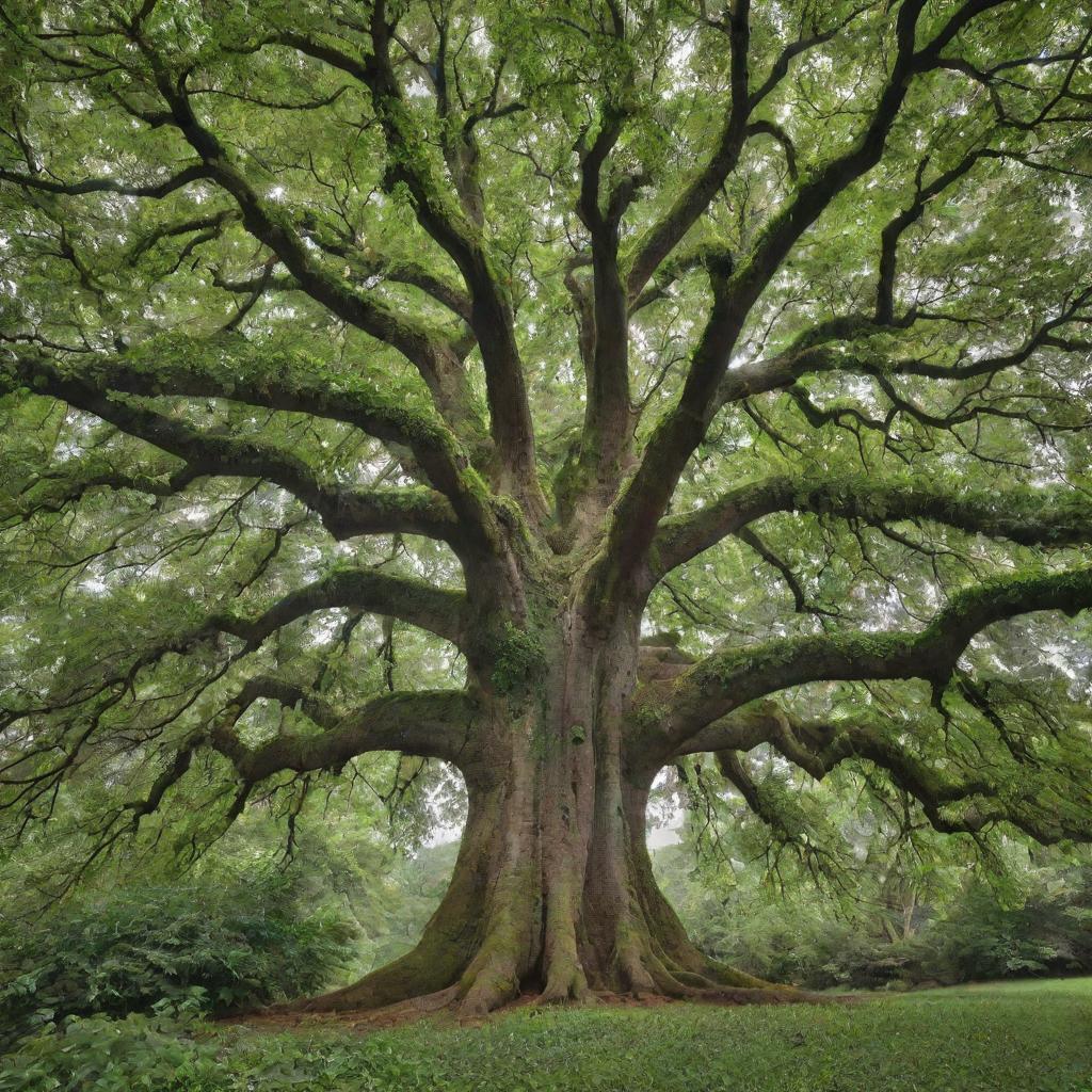 A towering, majestic tree with lush green leaves and a thick, robust trunk.