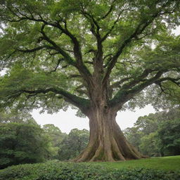 A towering, majestic tree with lush green leaves and a thick, robust trunk.