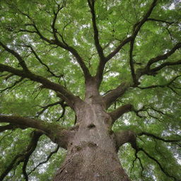 A towering, majestic tree with lush green leaves and a thick, robust trunk.