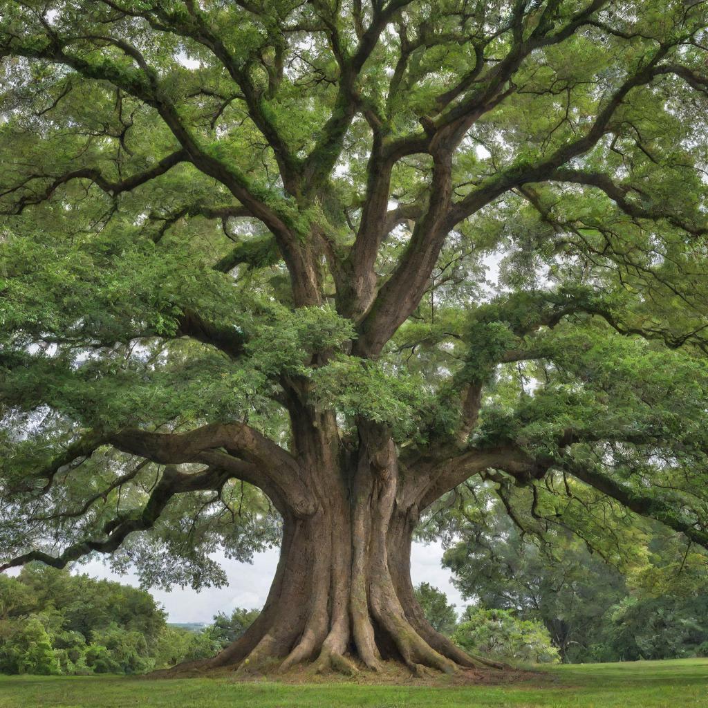 A towering, majestic tree with lush green leaves and a thick, robust trunk.