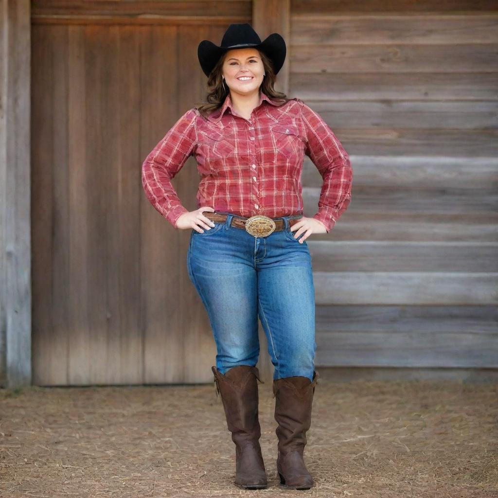 Full-figured cowgirl with a confident smile, wearing a stetson hat, flannel shirt, jeans, and cowgirl boots. She is standing against a rustic barn backdrop, with a lasso in her hands.