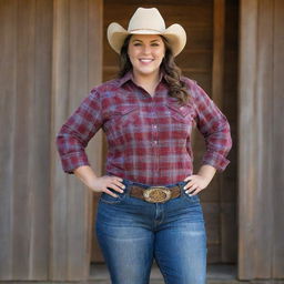 Full-figured cowgirl with a confident smile, wearing a stetson hat, flannel shirt, jeans, and cowgirl boots. She is standing against a rustic barn backdrop, with a lasso in her hands.