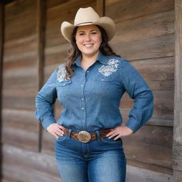 Full-figured cowgirl with a confident smile, wearing a stetson hat, flannel shirt, jeans, and cowgirl boots. She is standing against a rustic barn backdrop, with a lasso in her hands.