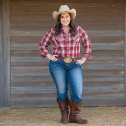 Full-figured cowgirl with a confident smile, wearing a stetson hat, flannel shirt, jeans, and cowgirl boots. She is standing against a rustic barn backdrop, with a lasso in her hands.