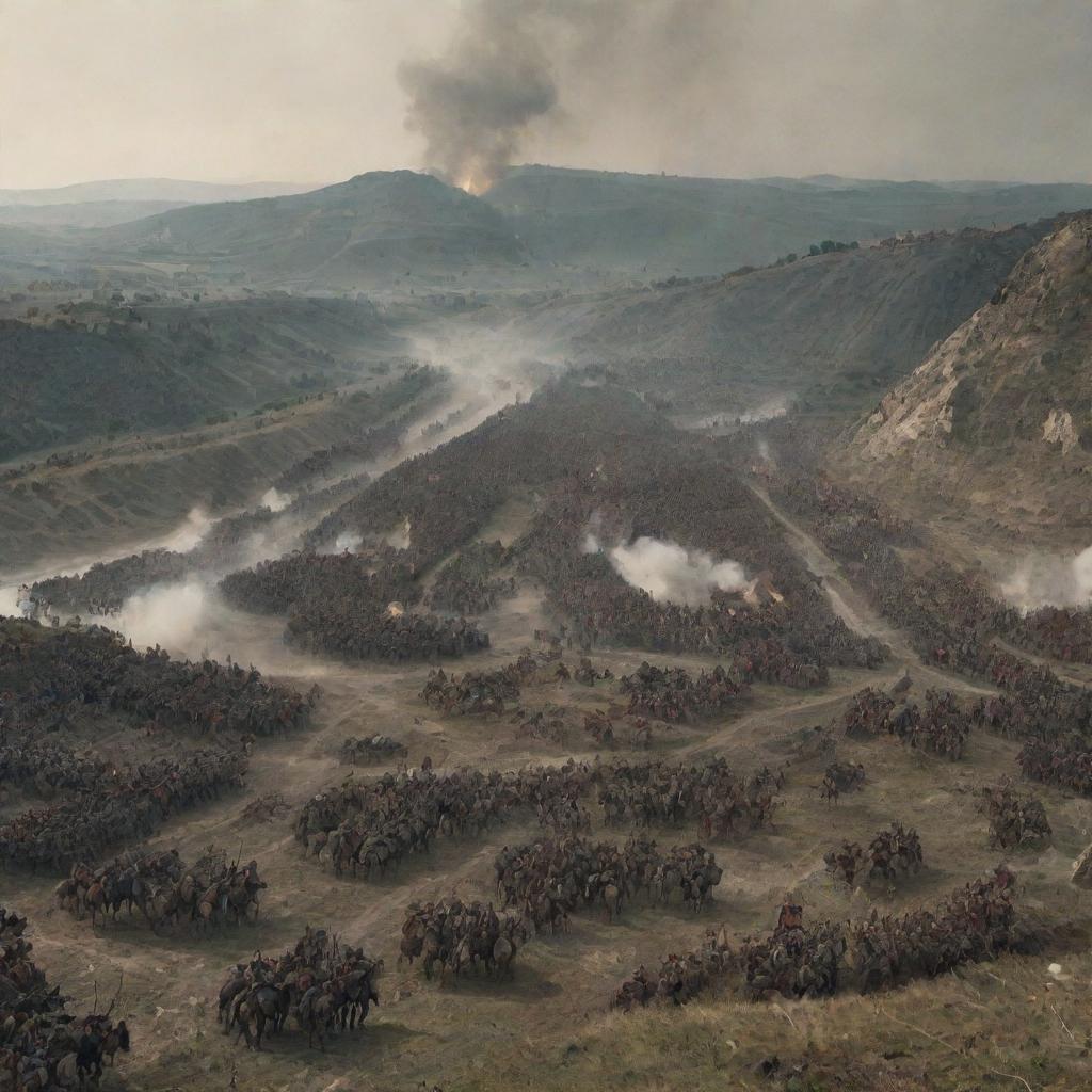 An intense war scene with two armies clashing at the border of two countries, a defining hill in the middle.