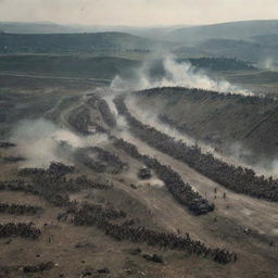 An intense war scene with two armies clashing at the border of two countries, a defining hill in the middle.