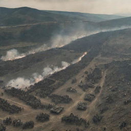 An intense war scene with two armies clashing at the border of two countries, a defining hill in the middle.