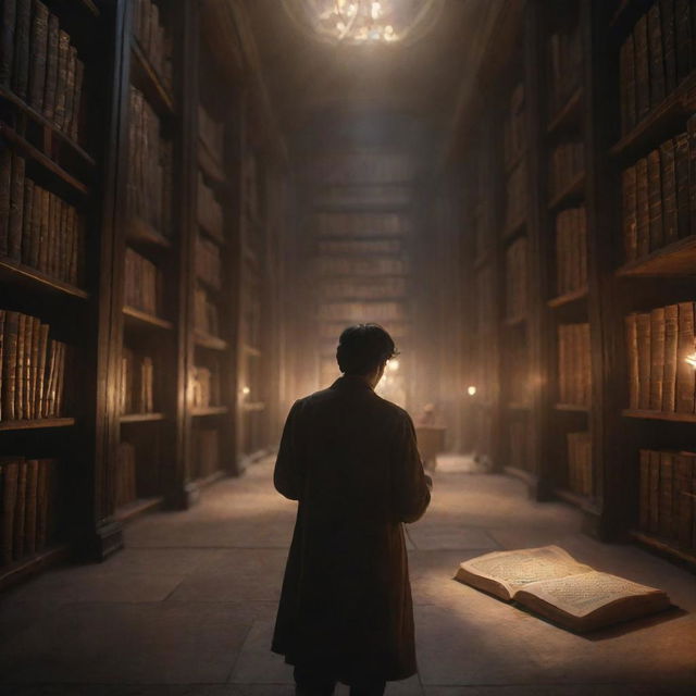 A cinematic picture of a mysterious library bathed in soft glow of ancient manuscripts with our protagonist discovering a whispering, dusty tome of untold power in dramatic lighting