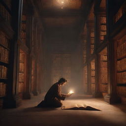 A cinematic picture of a mysterious library bathed in soft glow of ancient manuscripts with our protagonist discovering a whispering, dusty tome of untold power in dramatic lighting