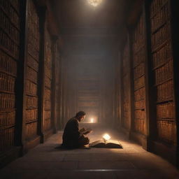 A cinematic picture of a mysterious library bathed in soft glow of ancient manuscripts with our protagonist discovering a whispering, dusty tome of untold power in dramatic lighting