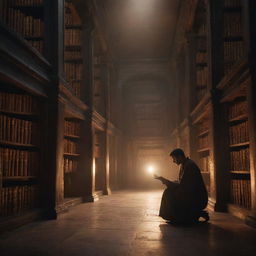 A cinematic picture of a mysterious library bathed in soft glow of ancient manuscripts with our protagonist discovering a whispering, dusty tome of untold power in dramatic lighting