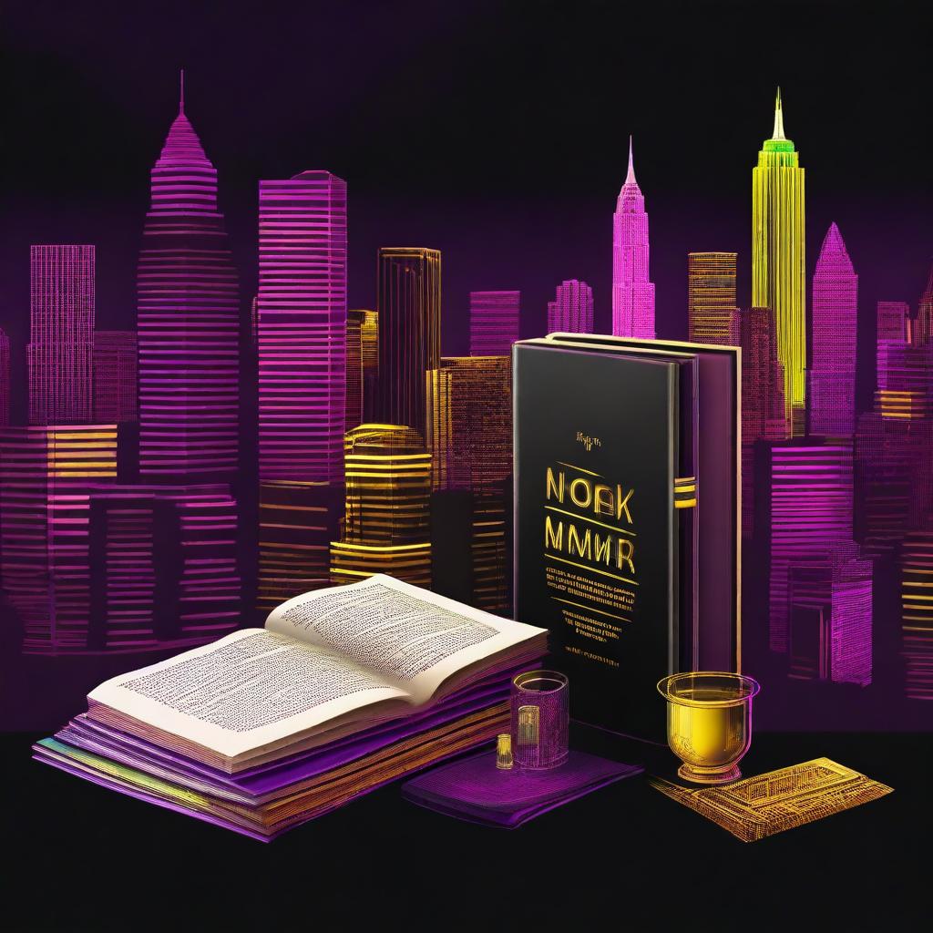 A high-quality digital art image for a book cover with various theme suggestions: 1) 'Neon Noir': A vibrant, neon-infused dark theme, with glowing symbolic elements against a dark cityscape