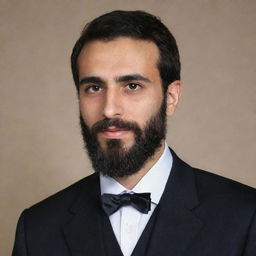 A young Iranian man with a well-groomed beard wearing formal attire with a diplomat collar.