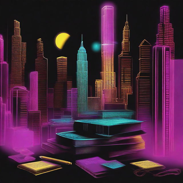 A high-quality digital art image for a book cover with various theme suggestions: 1) 'Neon Noir': A vibrant, neon-infused dark theme, with glowing symbolic elements against a dark cityscape