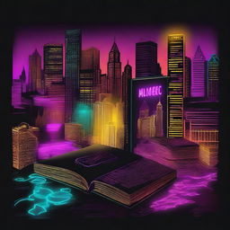 A high-quality digital art image for a book cover with various theme suggestions: 1) 'Neon Noir': A vibrant, neon-infused dark theme, with glowing symbolic elements against a dark cityscape