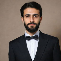 A young Iranian man with a well-groomed beard wearing formal attire with a diplomat collar.