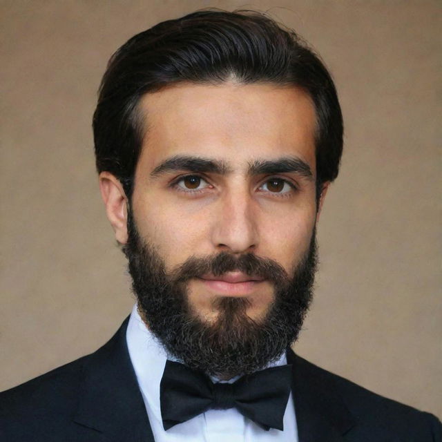 A young Iranian man with a well-groomed beard wearing formal attire with a diplomat collar.