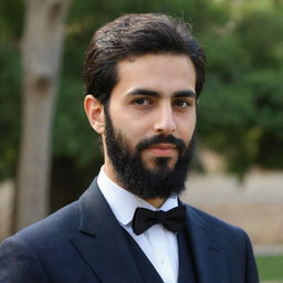 A young Iranian man with a well-groomed beard wearing formal attire with a diplomat collar.