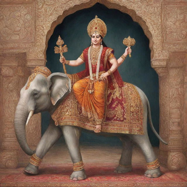 A regal illustration of Lord Ram, clad in royal attire, making a grand entrance on a magnificently decorated elephant.