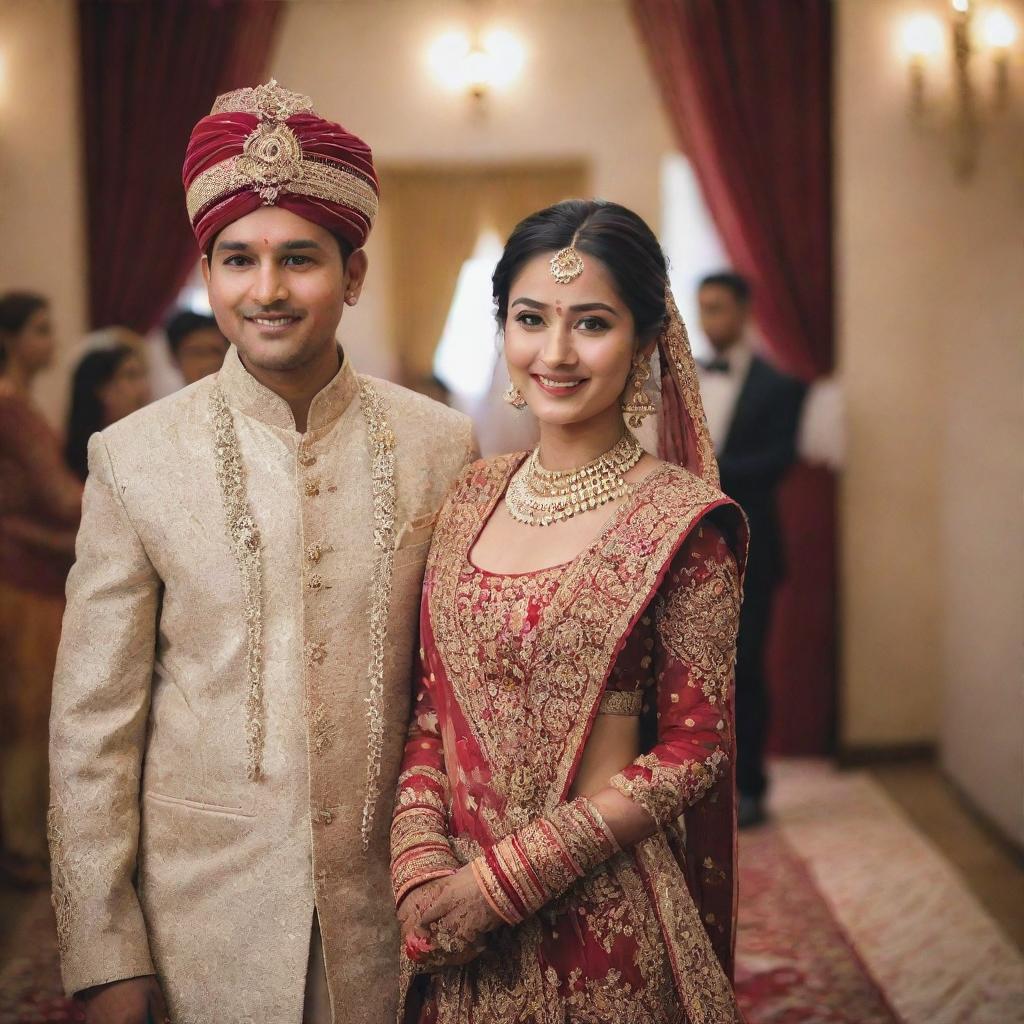 A beautifully adorned girl in traditional Indian-Nepali bridal wear approaching her groom in a festively decorated wedding hall