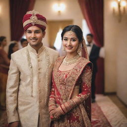 A beautifully adorned girl in traditional Indian-Nepali bridal wear approaching her groom in a festively decorated wedding hall