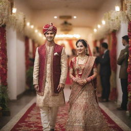 A beautifully adorned girl in traditional Indian-Nepali bridal wear approaching her groom in a festively decorated wedding hall