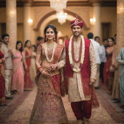 A beautifully adorned girl in traditional Indian-Nepali bridal wear approaching her groom in a festively decorated wedding hall