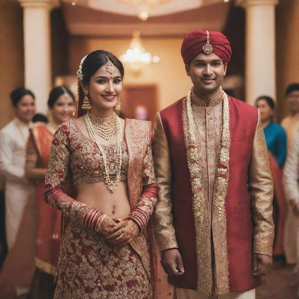 A beautifully adorned girl in traditional Indian-Nepali bridal wear approaching her groom in a festively decorated wedding hall