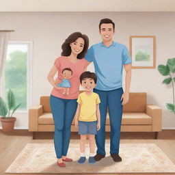 Illustration of a happy family of three, including a father, mother, and child, posing together in a homely setting