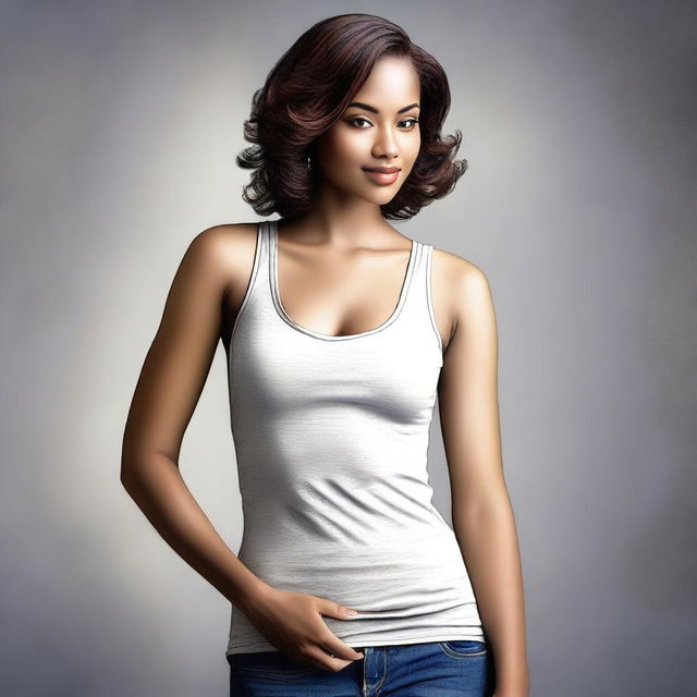 A high-quality digital art image depicts a stunning woman in a fitted tank top