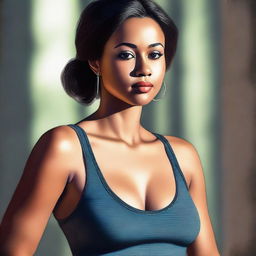 A high-quality digital art image depicts a stunning woman in a fitted tank top