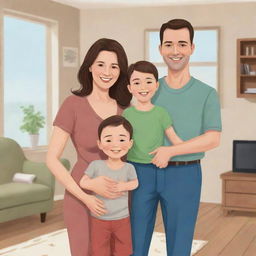 Illustration of a happy family of three, including a father, mother, and child, posing together in a homely setting