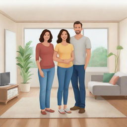 Illustration of a happy family of three, including a father, mother, and child, posing together in a homely setting