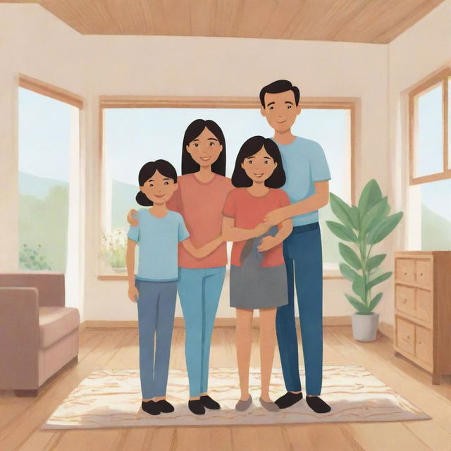 Illustration of a happy family of three, including a father, mother, and child, posing together in a homely setting