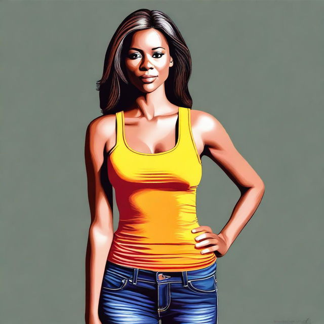 This high-quality digital art presents a captivating woman in a small, fitted tank top