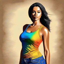 This high-quality digital art presents a captivating woman in a small, fitted tank top