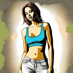 This high-quality digital art presents a captivating woman in a small, fitted tank top