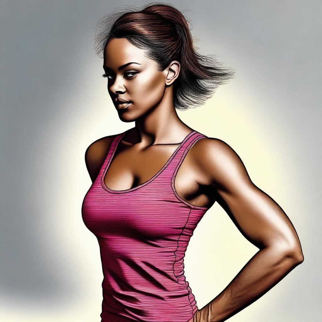 A realistic digital art piece showcases a captivating woman in a small, fitted tank top