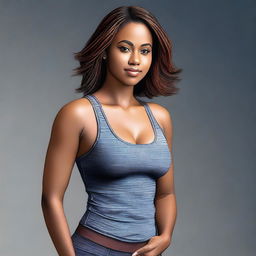 A realistic digital art piece showcases a captivating woman in a small, fitted tank top