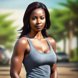 A realistic digital art piece showcases a captivating woman in a small, fitted tank top